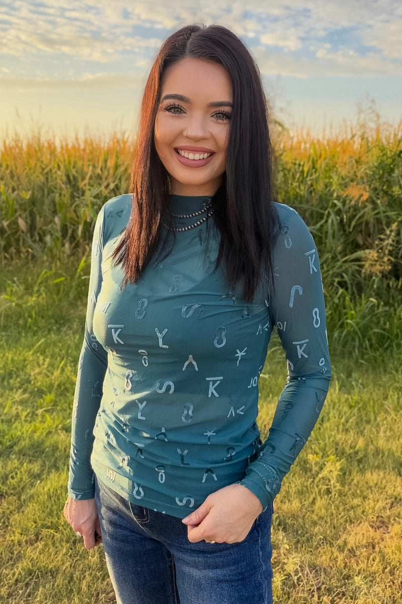 Turquoise Velvet Mesh Top
