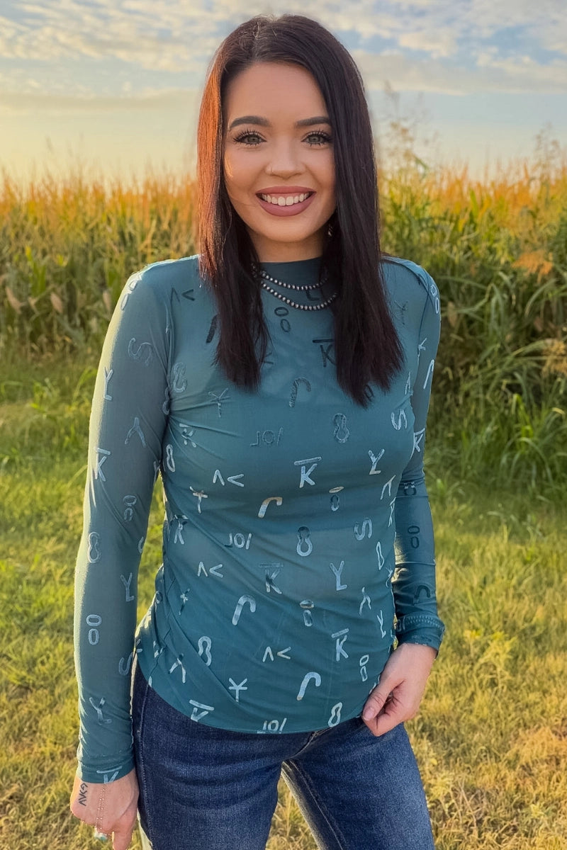 Turquoise Velvet Mesh Top