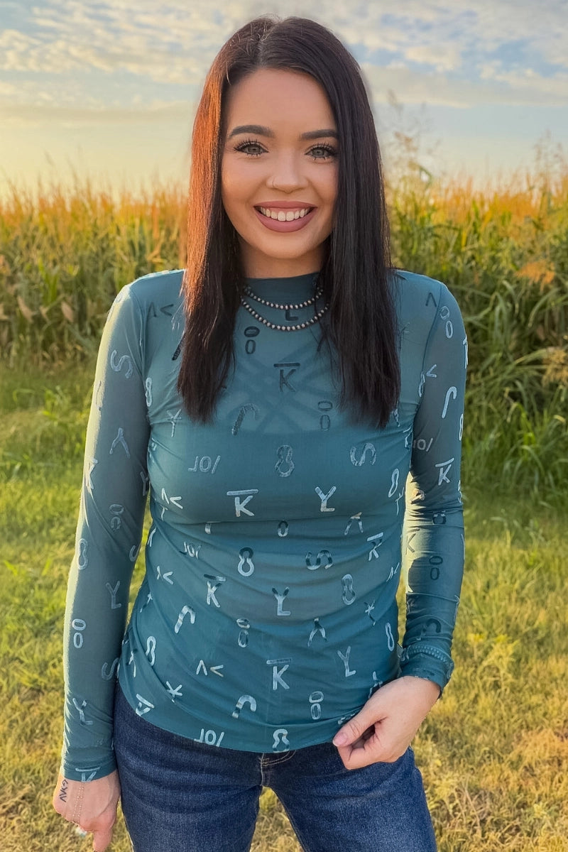 Turquoise Velvet Mesh Top
