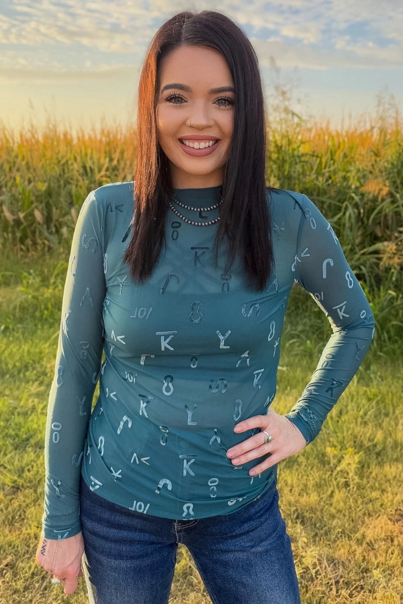 Turquoise Velvet Mesh Top