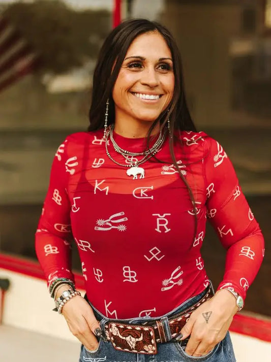 Red Branded Long Sleeve Mesh Top